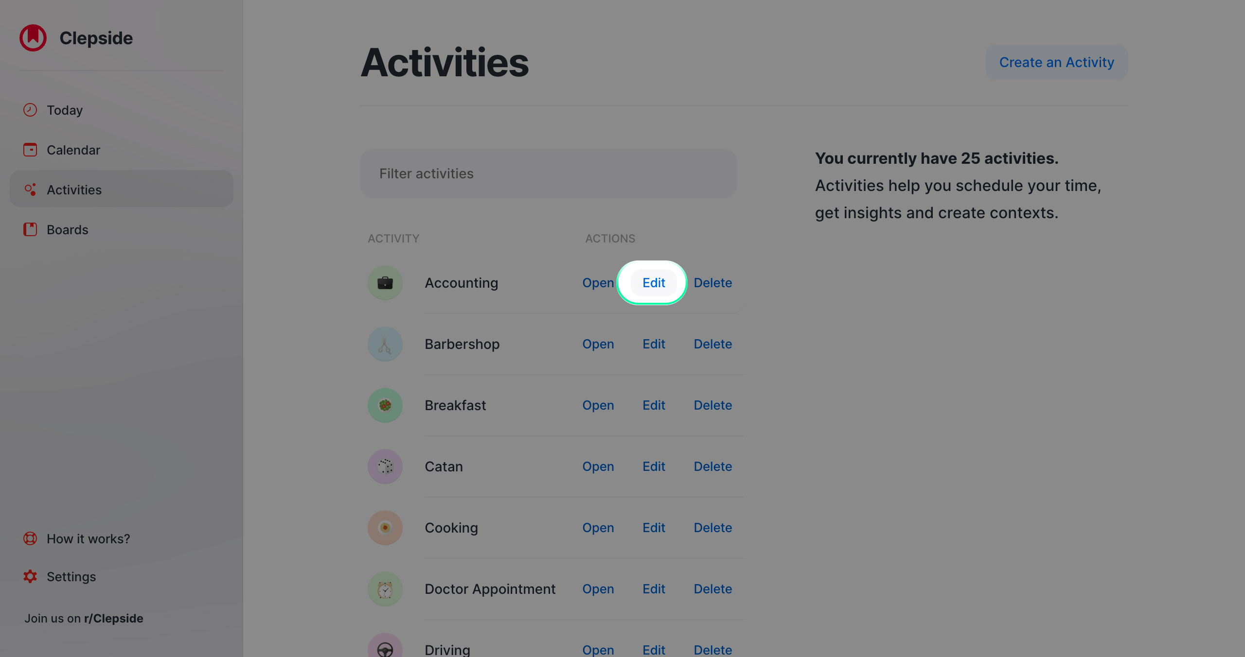 Find and **press Edit** on the activity of the session you want to change